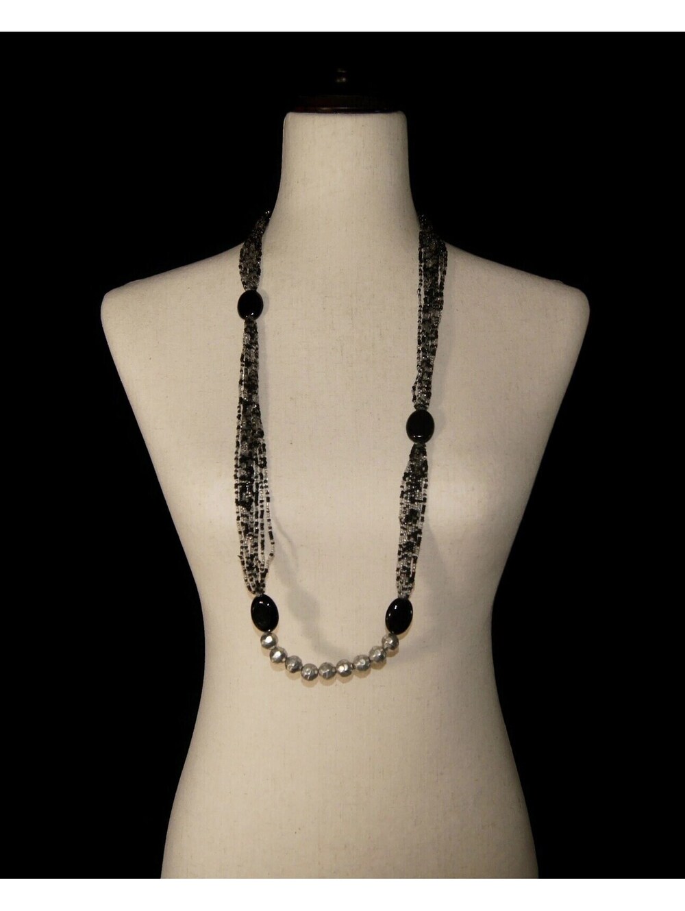 Vintage Silver Tone Metal, Black and Clear Glass Beaded 36 Inch Necklace.